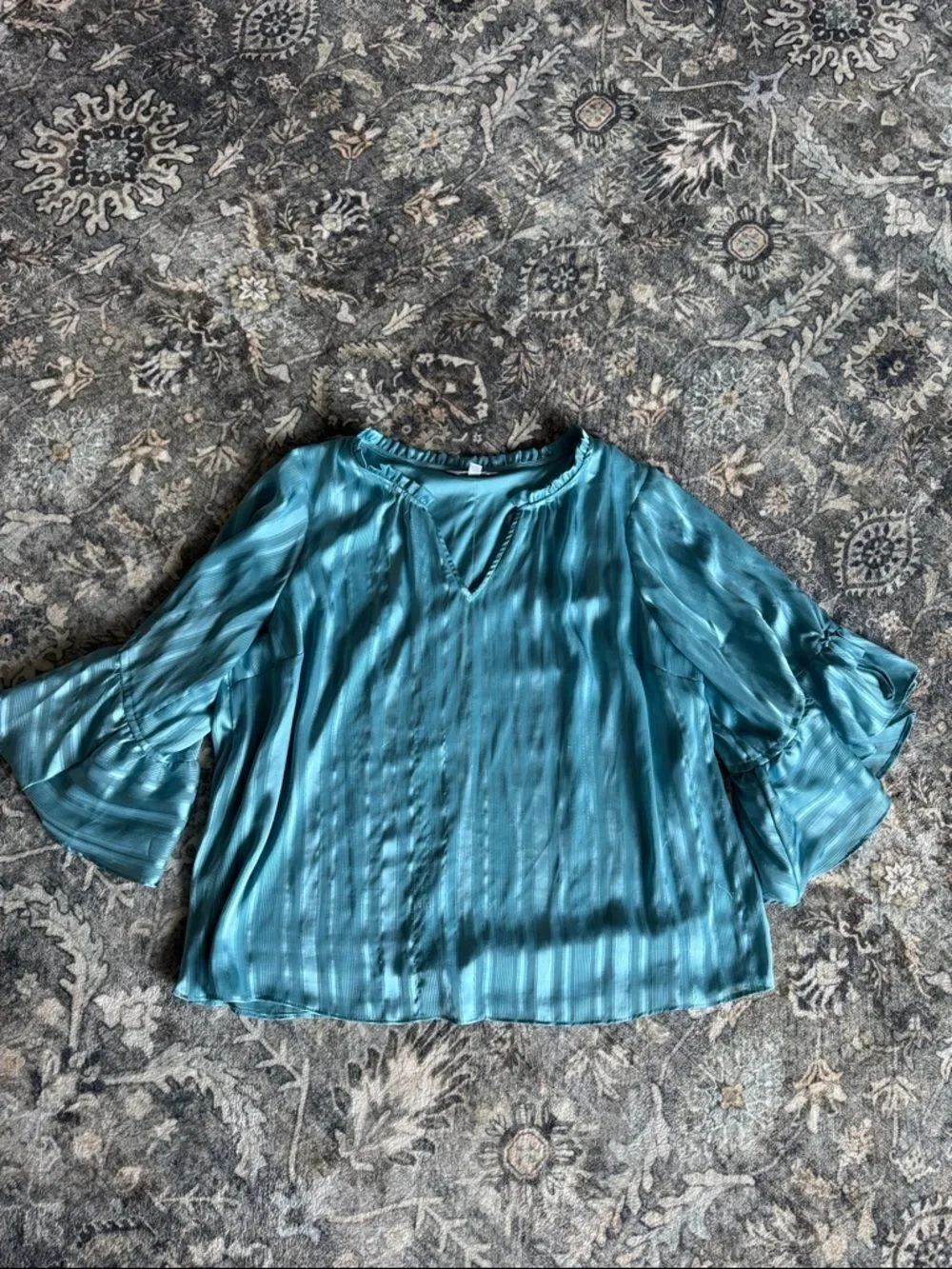 LC Lauren Conrad Teal Ruffled V-Neck Satin Blouse
